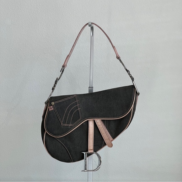 Vintage Dior Denim Saddle Bag with Pink Patent Leather Trim - Picture 1 of 17